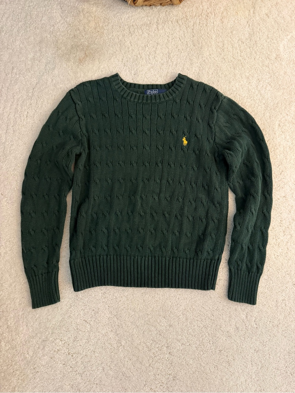 Ralph Lauren Green Cable Knit Crewneck Sweater with Yellow Pony